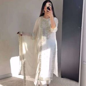 Women's Georgette Embroidery Sequence Work with Rivet Moti Work Straight Kurti With Pant and Dupatta Set