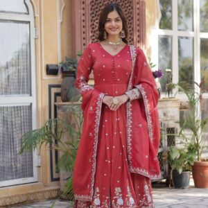 Women's Cotton Embroidered Anarkali Gown With Dupatta Set – Festive Wear