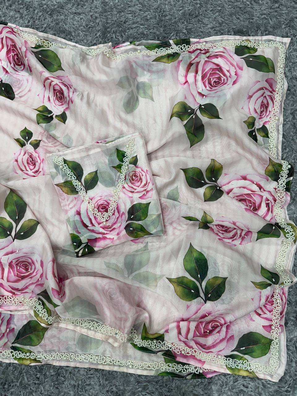 Women's Elegant White Organza Saree with Hand-Painted Pink Rose Floral Print – Complete with Matching Blouse for Day & Festive Wear - Image 4