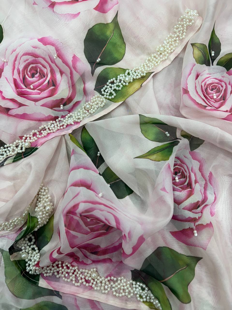 Women's Elegant White Organza Saree with Hand-Painted Pink Rose Floral Print – Complete with Matching Blouse for Day & Festive Wear - Image 2