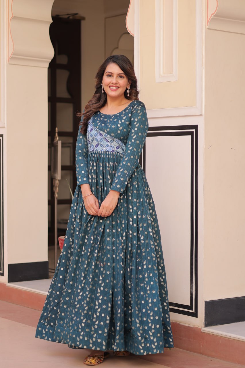 Women's Cotton Printed Anarkali Gown Dress with Embroidered Yoke Design - Image 3